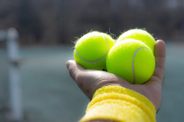 Tenis Topları Bir Adamın Elinde — Stok fotoğraf