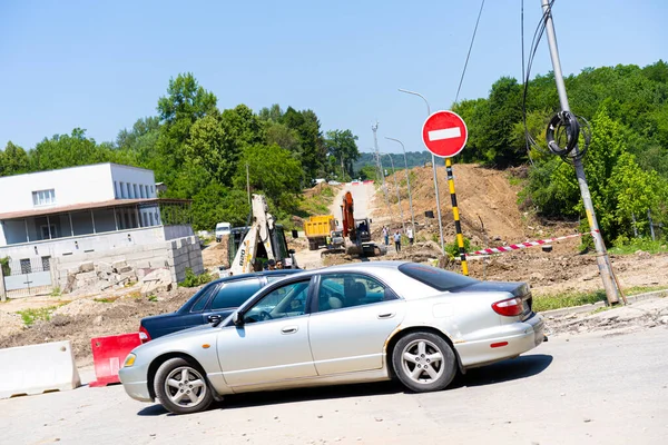 Reparación Carreteras Con Bloqueo Tráfico — Foto de Stock