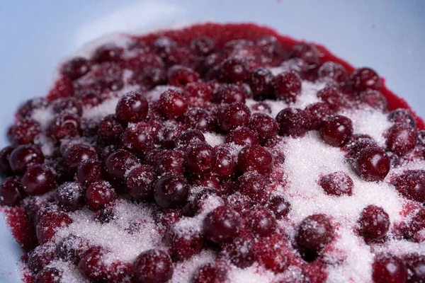 Zubereitung Von Kirschmarmelade Kirschen Mit Zucker Bestreut — Stockfoto