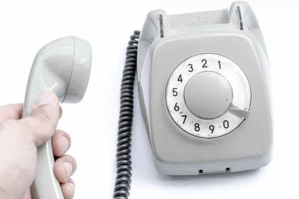 Homem Segurando Receptor Telefone Discagem — Fotografia de Stock