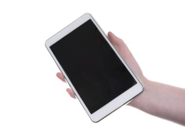 Boş ekran ile dijital tablet tutan kadın el. Kopya alanı ile izole.
