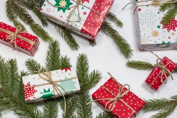 Cajas Regalo Abeto Aislados Sobre Fondo Blanco Vista Superior Navidad — Foto de Stock