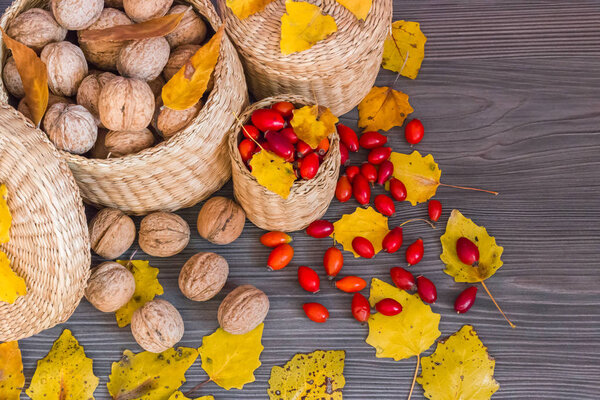 Walnuts, rose hips and yellow leaves on a wooden surface, healthy food from nature, concept of autumn background