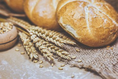Taze ekmek ve rustik bir arka plan üzerinde buğday