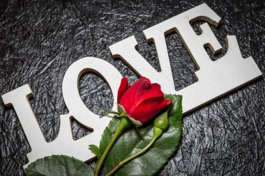 Siyah arka planda kırmızı gül ile Kelime aşk