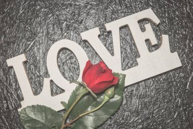 Siyah arka planda kırmızı gül ile Kelime aşk