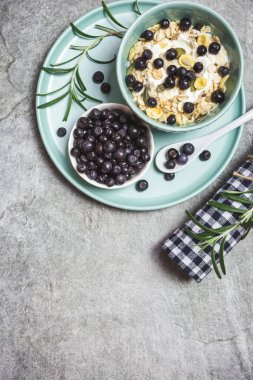 Taş bir masada taze yaban mersinli Yunan yoğurdu tanecikleri, yazı için yeri olan üst manzara. Sağlıklı yemek, atıştırmalık ya da kahvaltı.