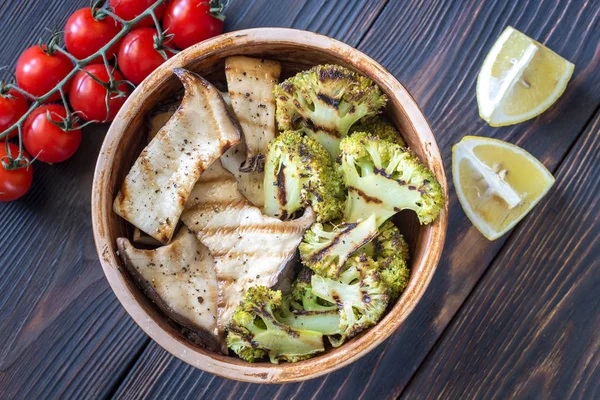 Grilled King Oyster Mushrooms Broccoli — Stock Photo, Image