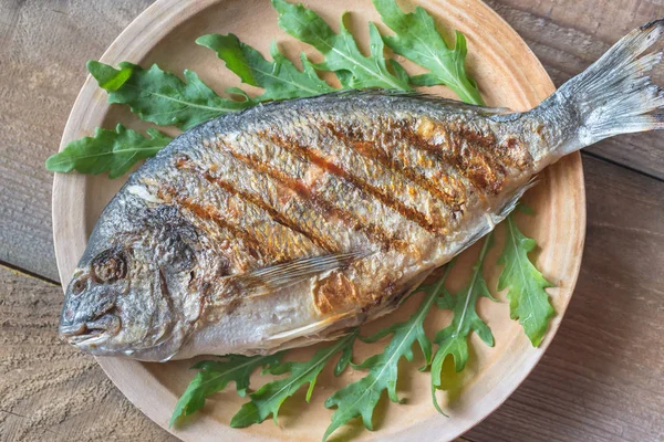 Grillet bream med forgylt hode og fersk arugula – stockfoto