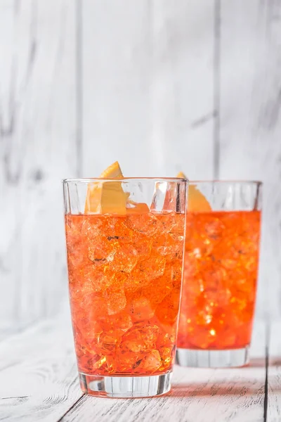 Glas Van Aperol Spritz Cocktail Witte Houten Achtergrond — Stockfoto