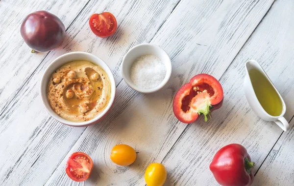 Bowl Hummus Fresh Vegetables — Stock Photo, Image