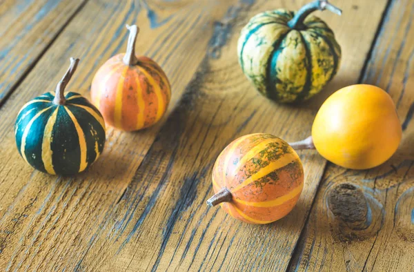 Variety Ornamental Pumpkins Wooden Background — Stock Photo, Image