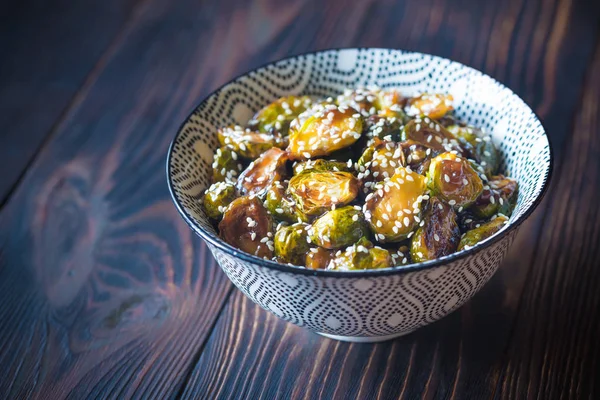 Bowl Roasted Brussels Sprouts Teriyaki Sauce — Stock Photo, Image