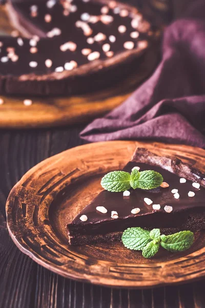 Portion Chocolate Salted Tart — Stock Photo, Image