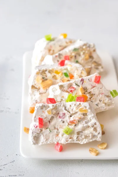 White Nougat Slices White Plate — Stock Photo, Image