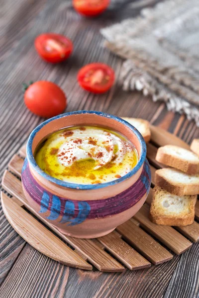 Bowl Hummus Cherry Tomatoes Toasts — Stock Photo, Image