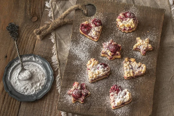 Shortbread Biscuits Cherry Filling Wooden Board — Stock Photo, Image