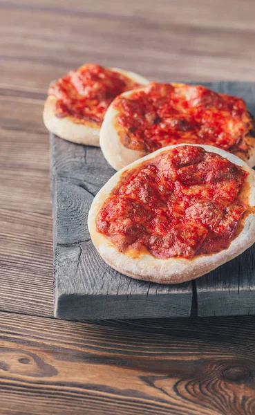 Mini Margherita Pizzas Red Cheese Wooden Board — Stock Photo, Image