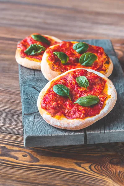 Mini Margherita Pizzas Red Cheese Wooden Board — Stock Photo, Image