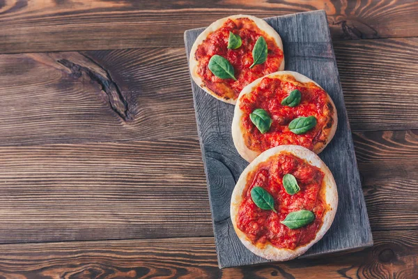 Mini Margherita Pizzas Red Cheese Wooden Board — Stock Photo, Image