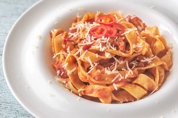 Tagliatelle Tészta Szósszal Amatriciana Része — Stock Fotó