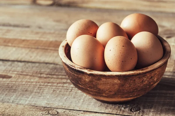 Bowl Raw Chicken Eggs Wooden Background — Stock Photo, Image