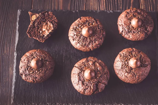 Chocolate Muffins Black Stone Board — Stock Photo, Image