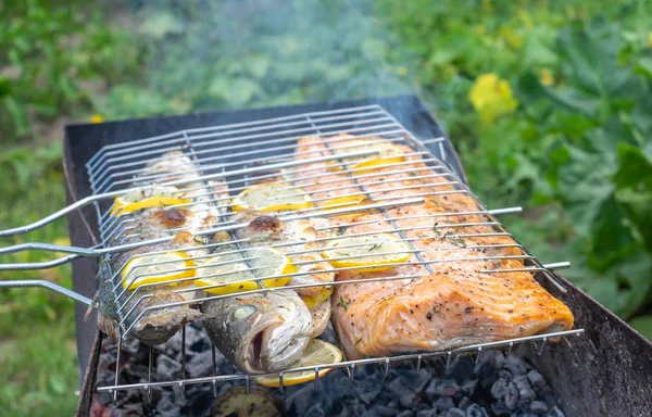 Grill na zewnątrz z grillowanymi rybami — Zdjęcie stockowe