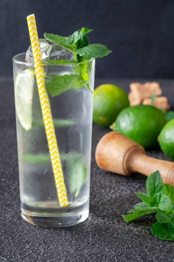 Bir bardak mojito kokteyli, koyu arkaplanda malzemeler var.