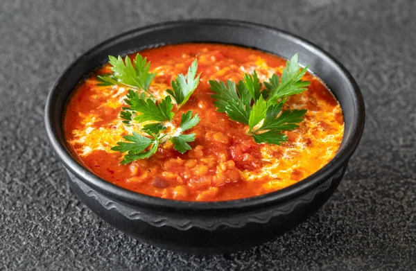 Tazón Tomate Lentejas Sopa Coco Cerca — Foto de Stock