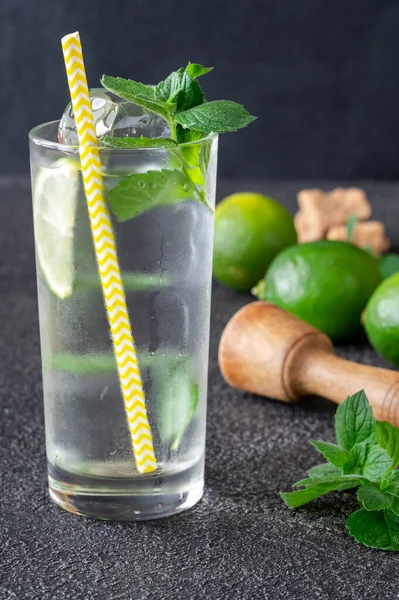 Glas Mojito Cocktail Met Ingrediënten Donkere Achtergrond — Stockfoto