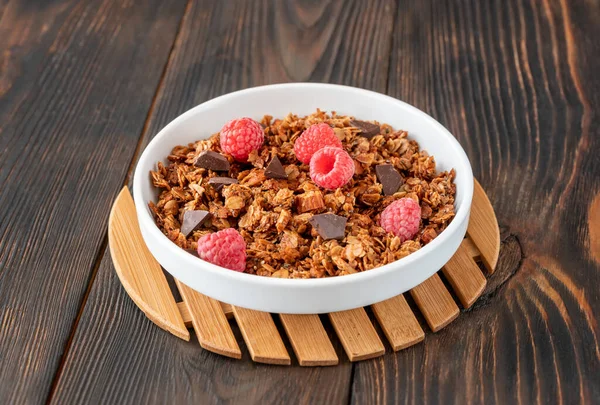 Bowl Homemade Granola Fresh Raspberries — Stock Photo, Image