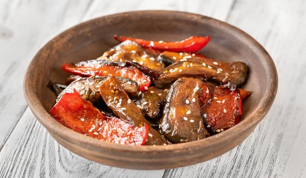 Porzione Peperone Melanzana Teriyaki Friggere — Foto Stock