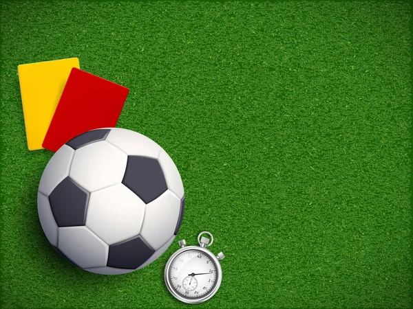 Soccer ball with stopwatch, yellow and red card referee on the grass field of stadium. Sport background with copy space. vector illustration.