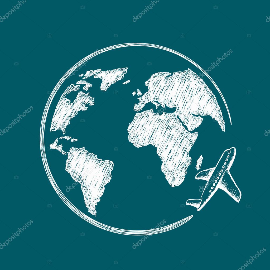 Icon travel. Airplane flies around the earth planet. Stock vector logo design illustration.