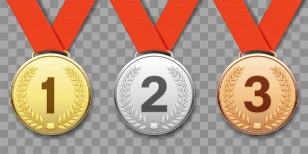 Set Van Goud Zilver Brons Sport Medailles Geïsoleerd Een Transparante — Stockvector