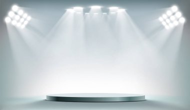 Yuvarlak podyum tarafından projektörler aydınlatılmış. Boş geçmiş Kopyala alanına sahip. Vektör çizim.