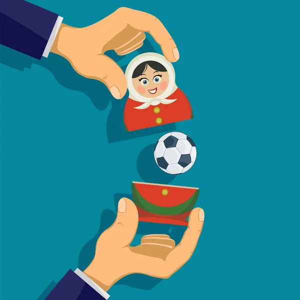 Ruce Otevření Ruské Matryoshka Fotbalovým Míčem Tradiční Symbol Vnoření Panenka — Stockový vektor