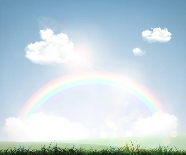 緑の草のある風景 空の雲と虹 自然が広がる田園背景 ベクトル図 — ストックベクタ