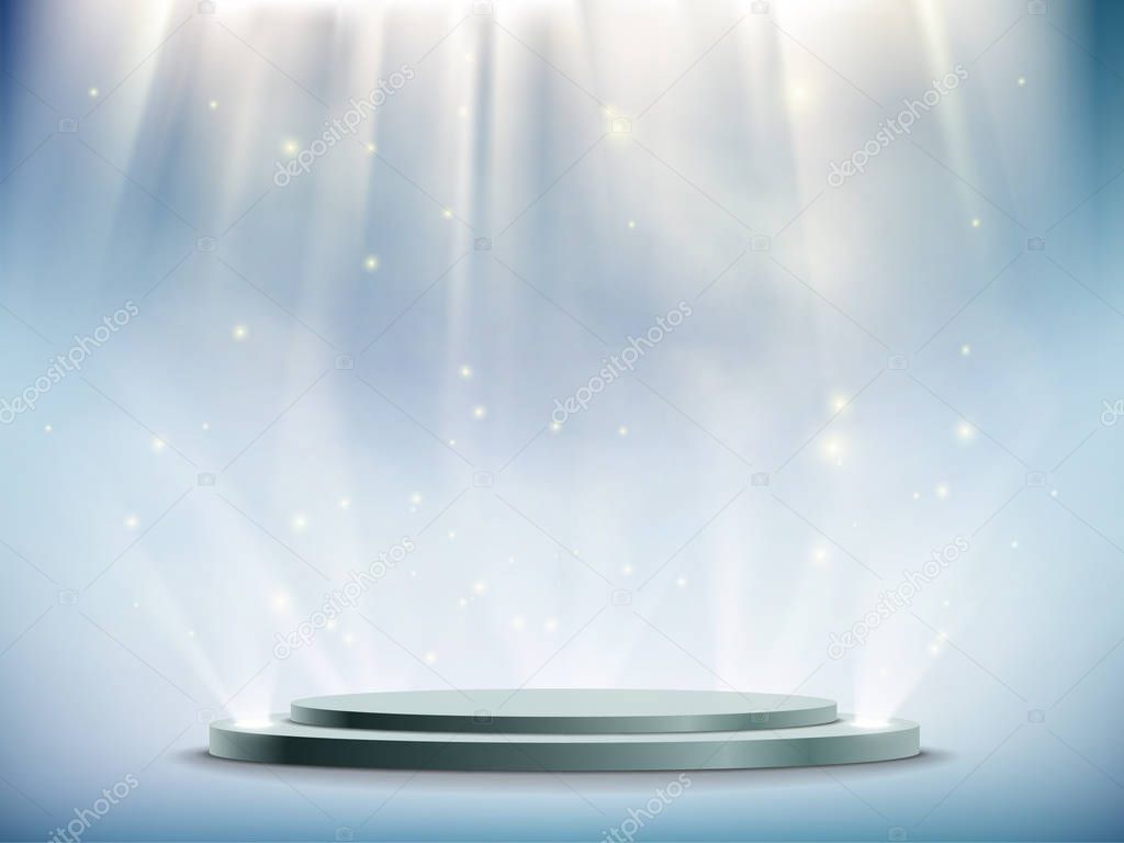 Round podium illuminated by searchlights. Blank background with copy space, vector illustration.