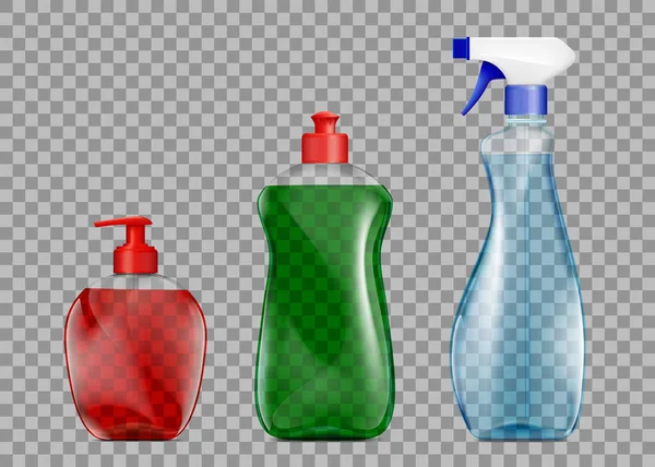 Set Envases Plástico Con Detergente Para Limpieza Aislado Sobre Fondo — Vector de stock