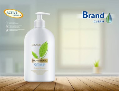 Hijyenik sabun ahşap bir masa üzerinde bir şişeyle mutfakta ambalaj. Reklam mockup şablonu. Hisse senedi vektör çizim.