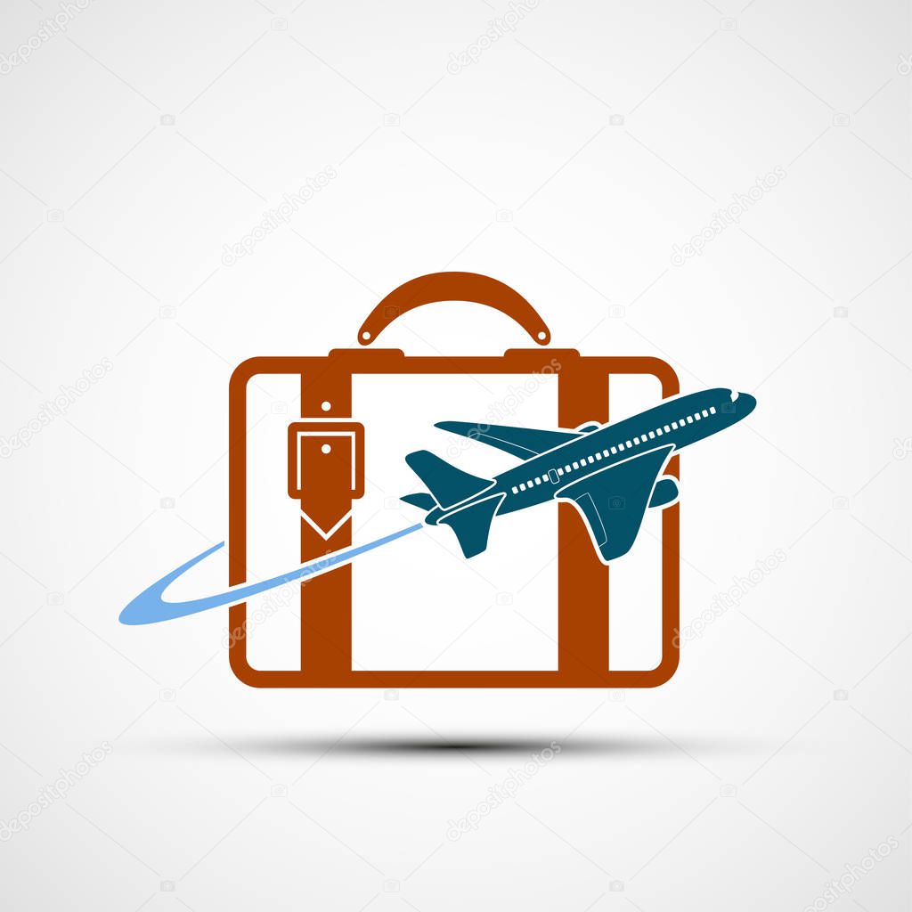 Logo airplane is flying around the suitcase. Travel icon. Stock vector illustration.