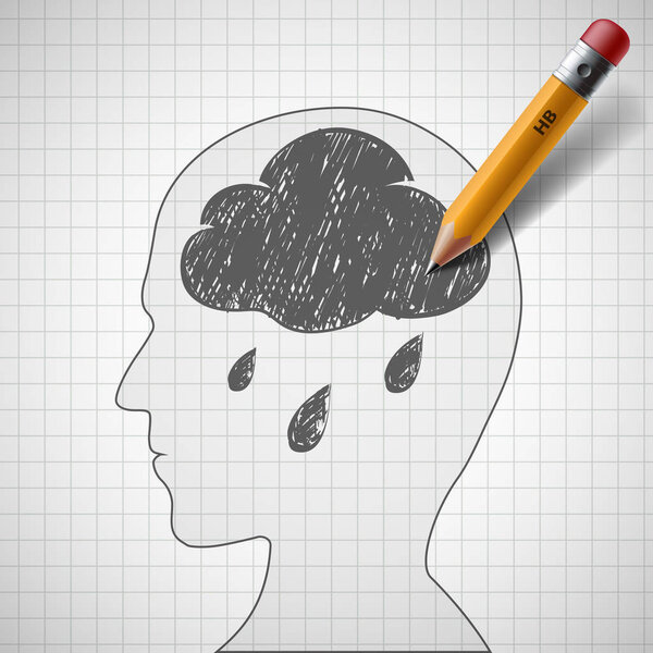 Rain cloud in the human head. Stock vector illustration.