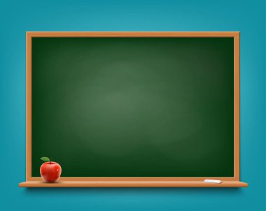 Tebeşir ve kırmızı elma ile yeşil kara tahta. Hisse senedi vektör çizim.