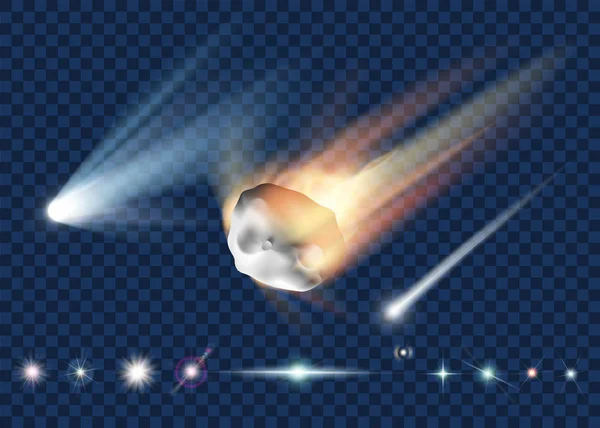Ensemble Étoiles Comètes Astéroïdes Isolés Sur Fond Transparent Illustration Vectorielle — Image vectorielle