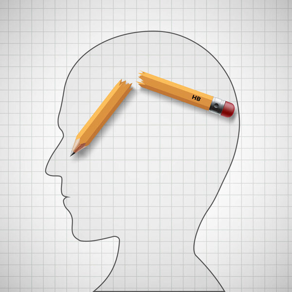 Broken pencil in the human head. Nervous tension and headache. Stock vector illustration.