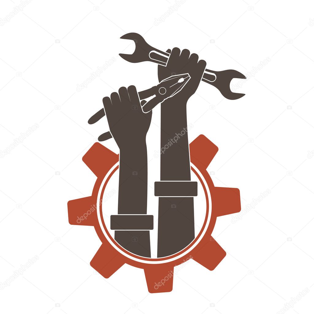 Icon hands holding industrial tools wrench and pliers