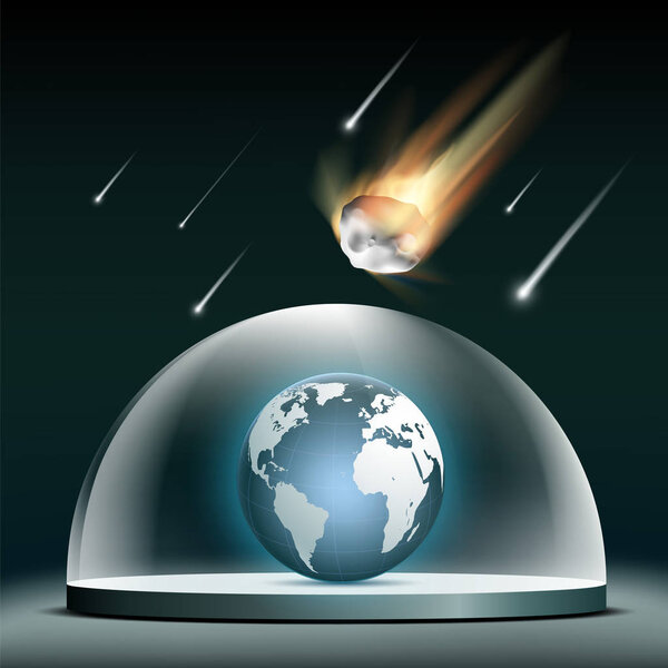 Planet earth under glass dome. Protection from asteroids. Stock vector illustration.
