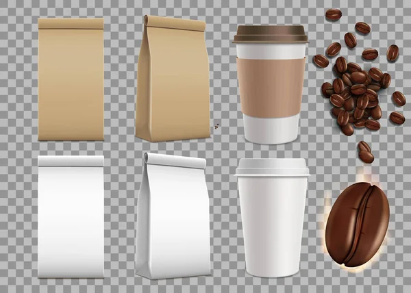 Conjunto Paquetes Blanco Con Granos Café Tazas Papel Burla Sobre — Vector de stock